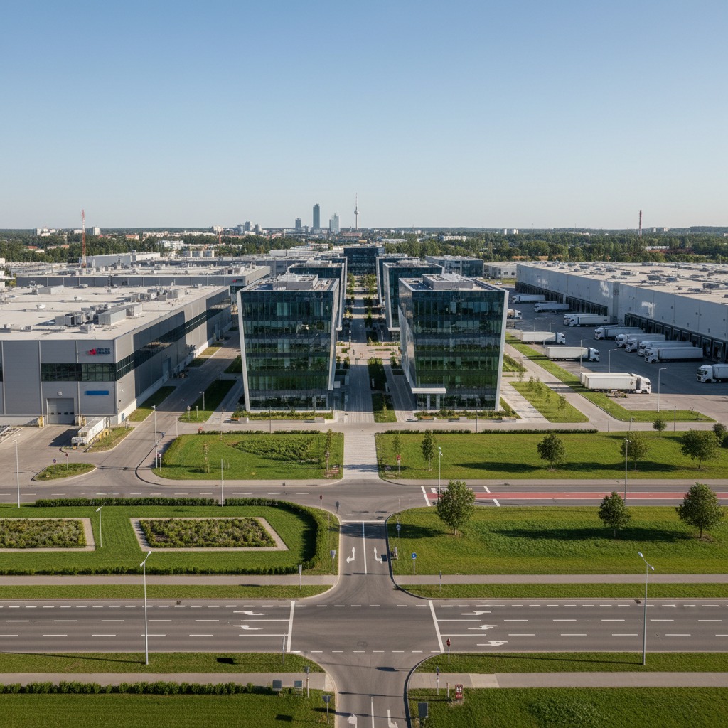 Iš paukščio skrydžio matomas modernus verslo parkas su stikliniais biurų pastatais, sandėliais ir automobilių stovėjimo aikštelėmis.